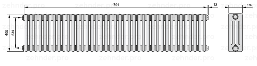 Схема (чертеж) Радиатор Zehnder Charleston 4060/39 №1270 Белый глянцевый RAL 9016